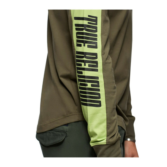 True Religion Men's Long Sleeve Paneled Pullover Hoodie Shirt in Lime/Olive - Picture 6 of 6